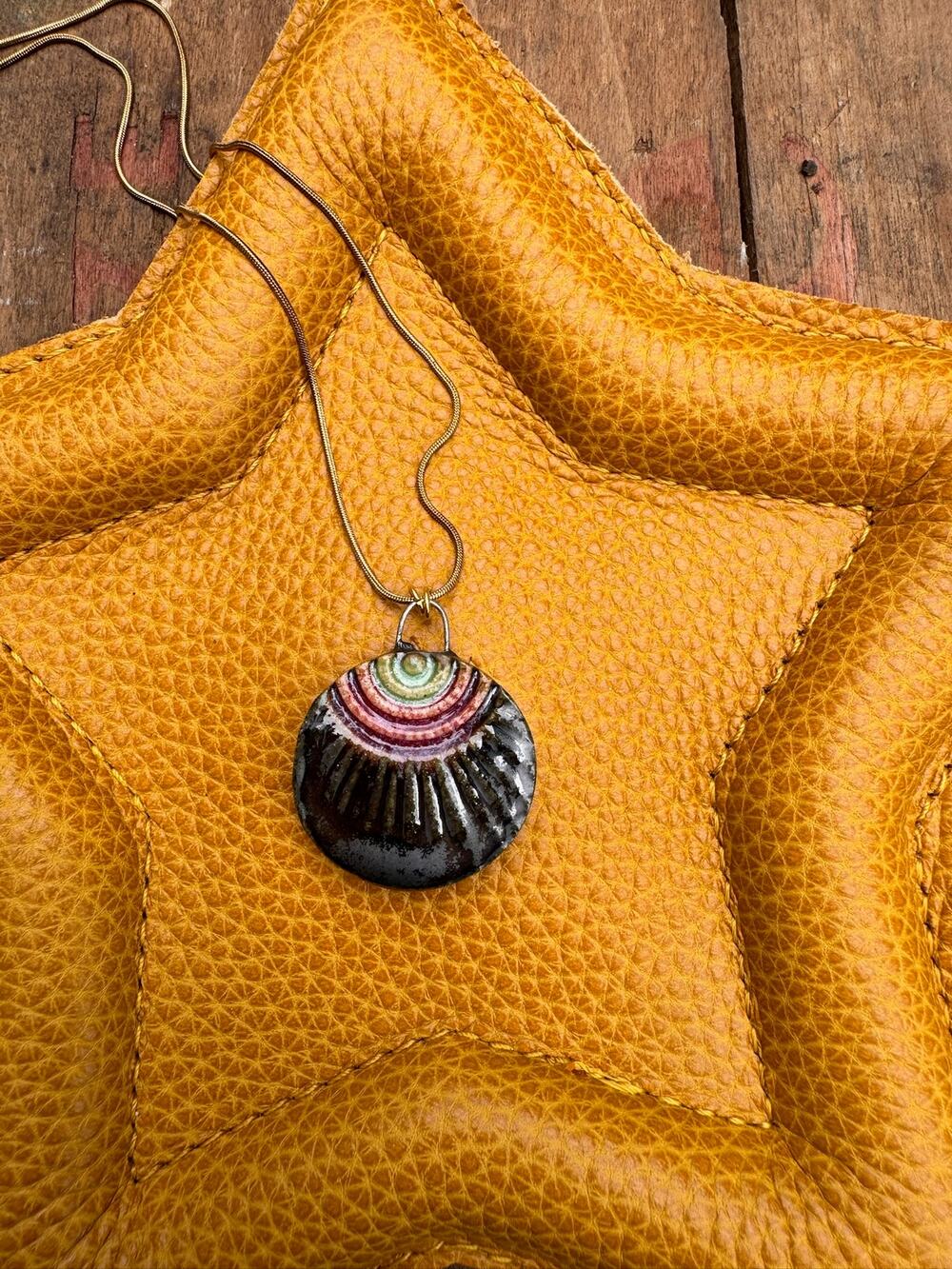 Kiln Fired Ceramic Round Sunburst Pendant Necklace Ceramics Made in Oregon